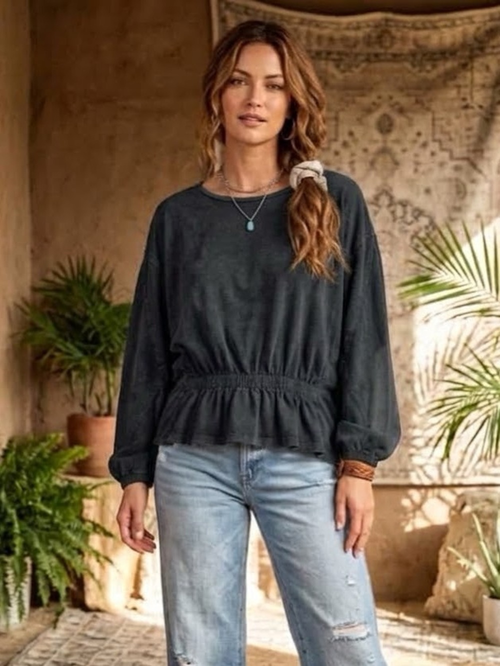 Easel Black Mineral Wash Cinched Waist Boho Chic Top S Layering Neutral Cozycore